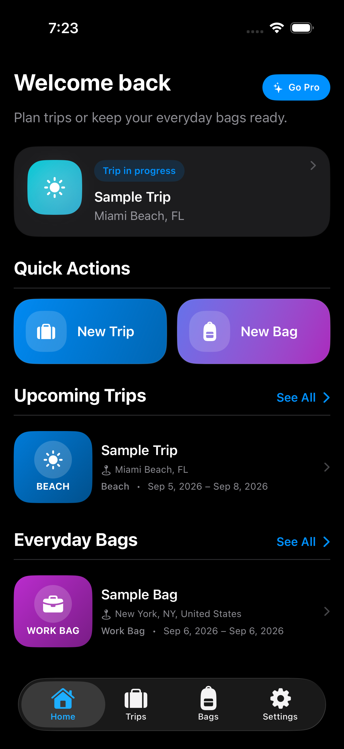 PackSmart home screen showing an upcoming trip, quick actions and everyday bags