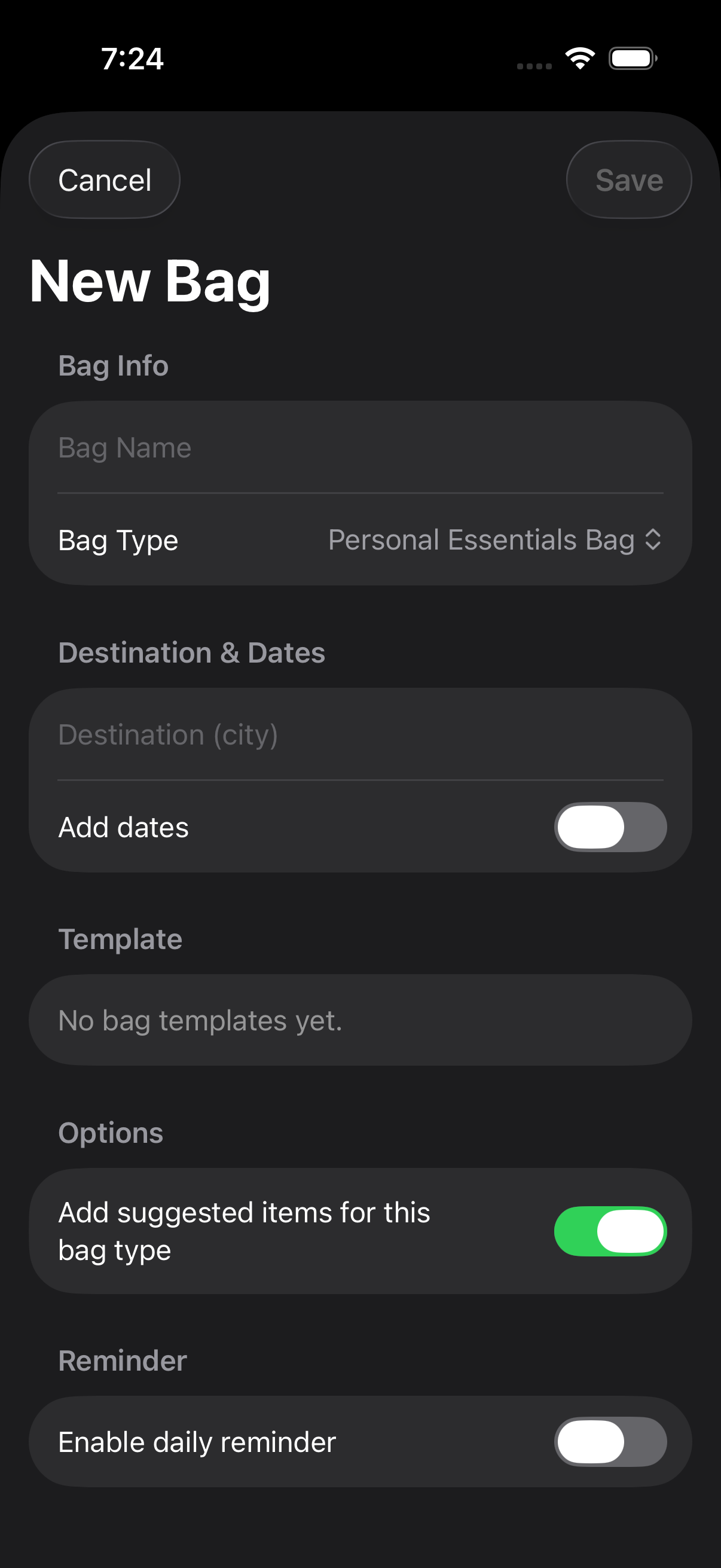 PackSmart screen for creating a new everyday bag