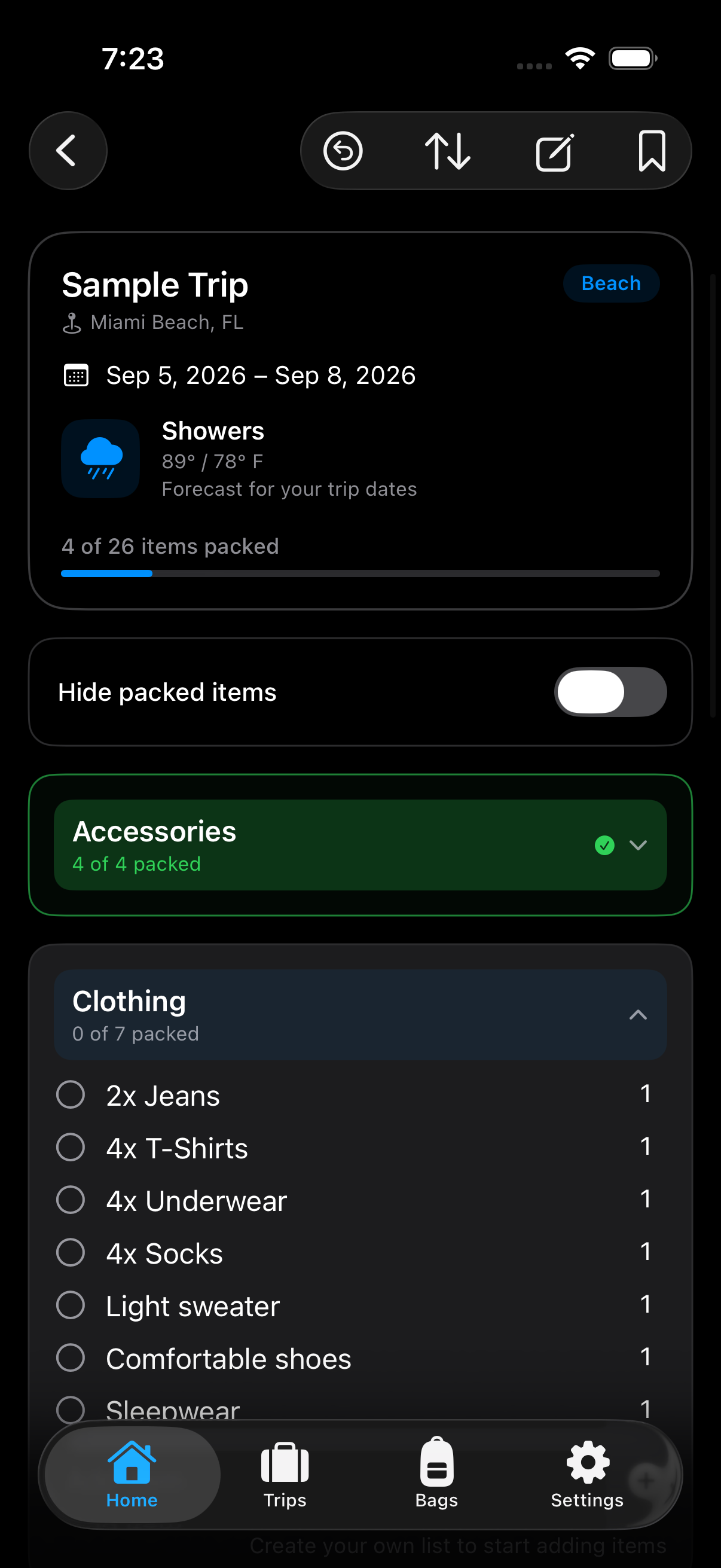 PackSmart trip packing checklist with progress and weather