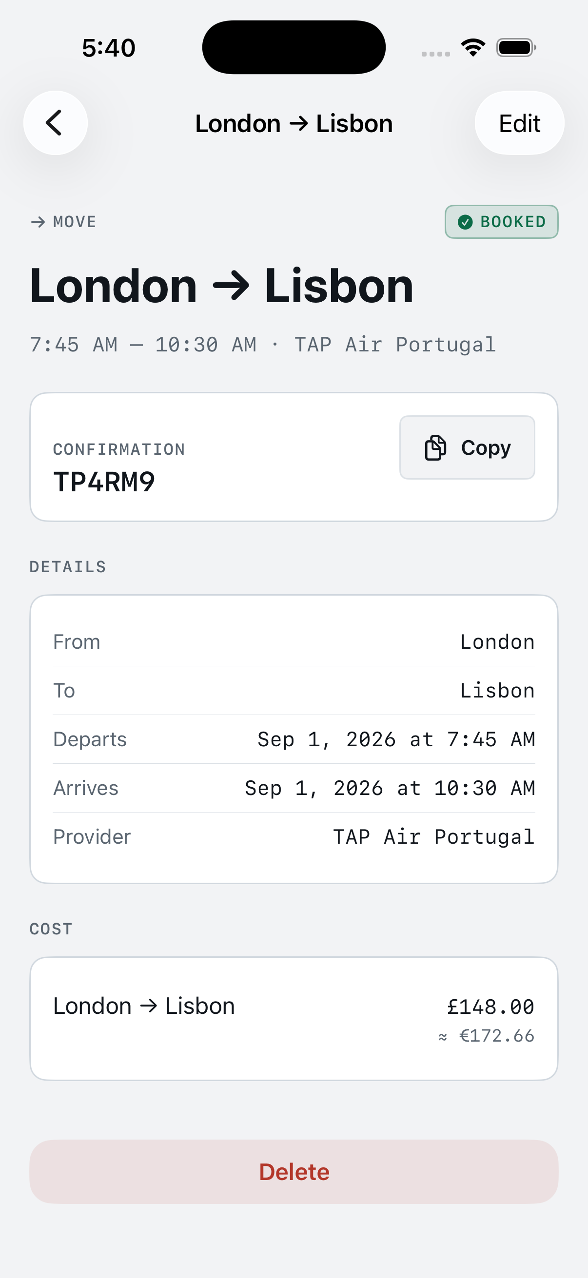 Readybound booking detail screen