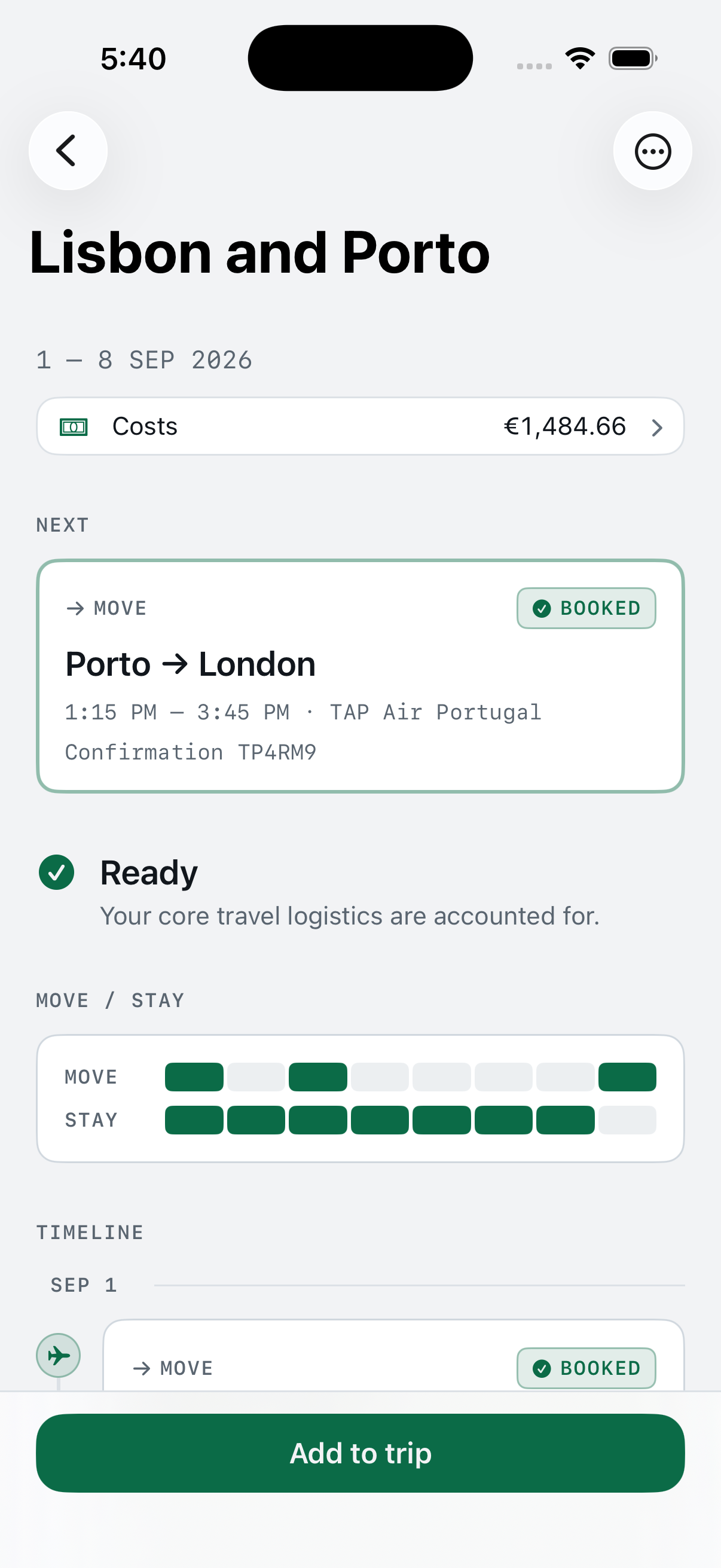 Readybound trip overview showing an organized travel itinerary